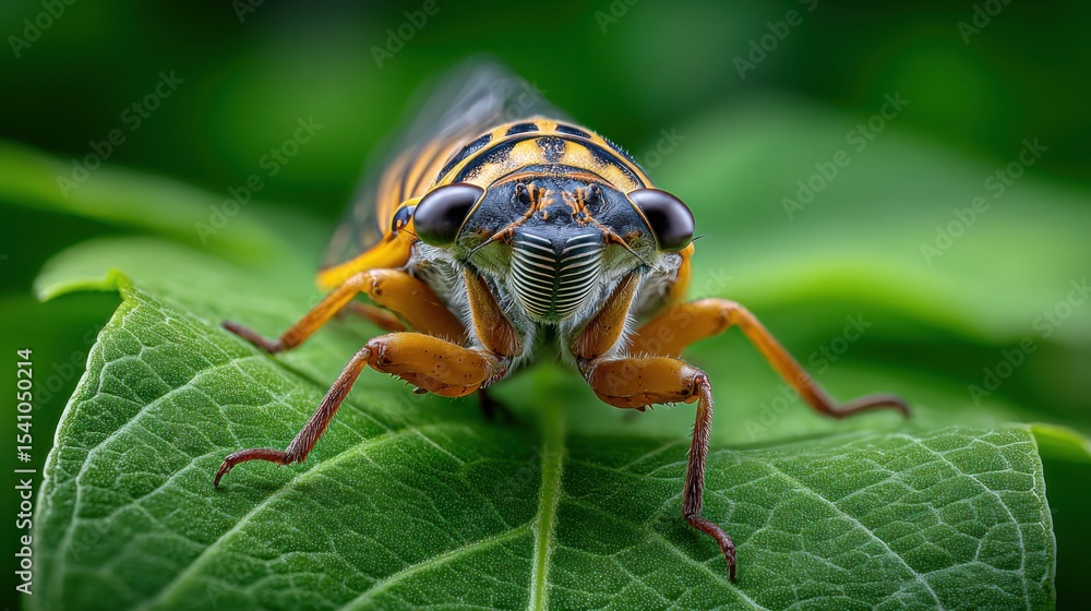 Poster macro shot of a cicada on a leaf, emphasizing nature's beauty and the importance of insect conservat
