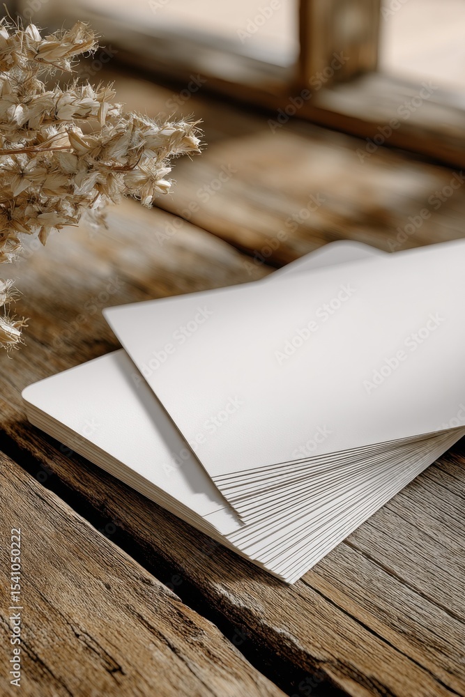 Aufkleber stack of blank white paper on rustic wooden table with dried floral arrangement, representing creati