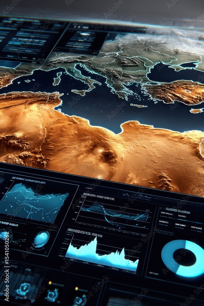 Aufkleber Europe and Africa Map Displayed on a Futuristic Screen With Data Visualization, Representing Global Analytics and Business Intelligence : Generative AI