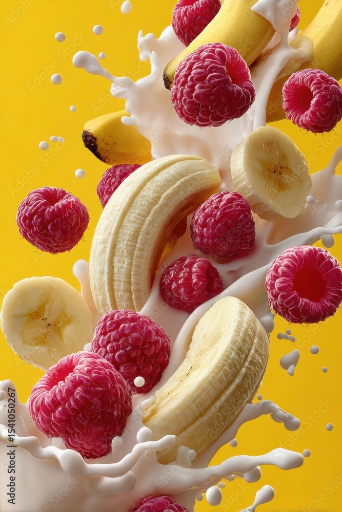 Poster banana and raspberry slices splashing in milk on yellow background, representing healthy eating and 
