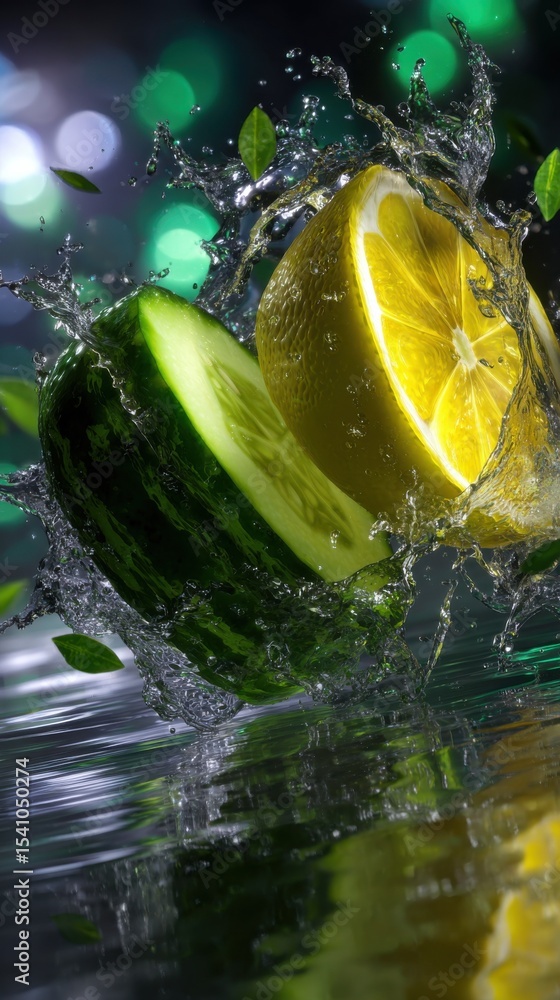 Poster fresh cucumber and lemon slices splashing in water, symbolizing healthy lifestyle and summer refresh