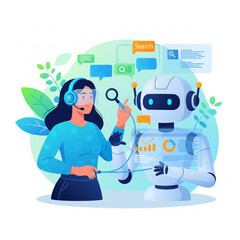 Search concept. Character using artificial intelligence generative tools for searching or browsing internet.