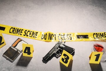 Forensic expertise. Crime scene with evidence, markers and police tape on light grey background, space for text