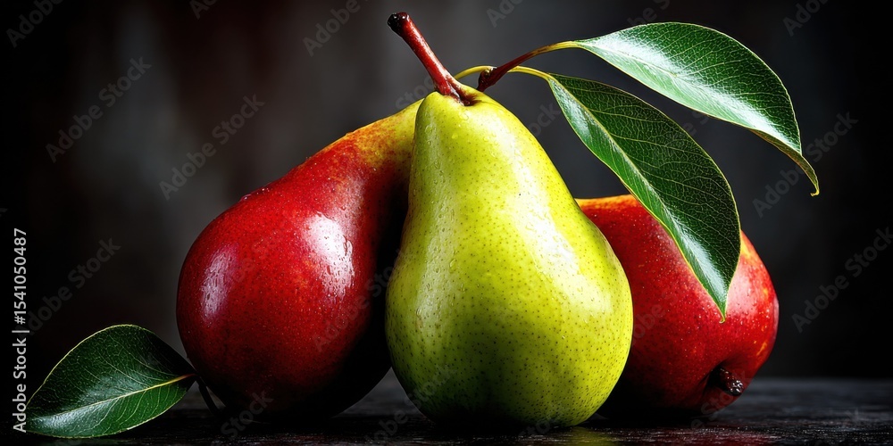 Poster three pears in red and green with leaves, showcasing fresh produce and healthy eating for food blogg