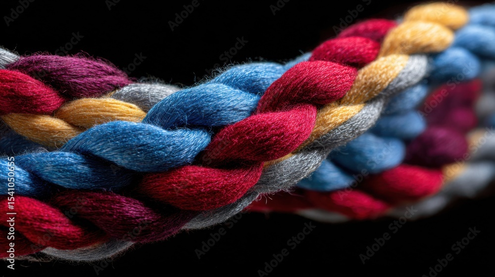 Poster Close-Up of Braided Multi-Colored Rope on Black, Symbolizing Strength and Interconnectedness for Team Building and Collaboration Projects : Generative AI
