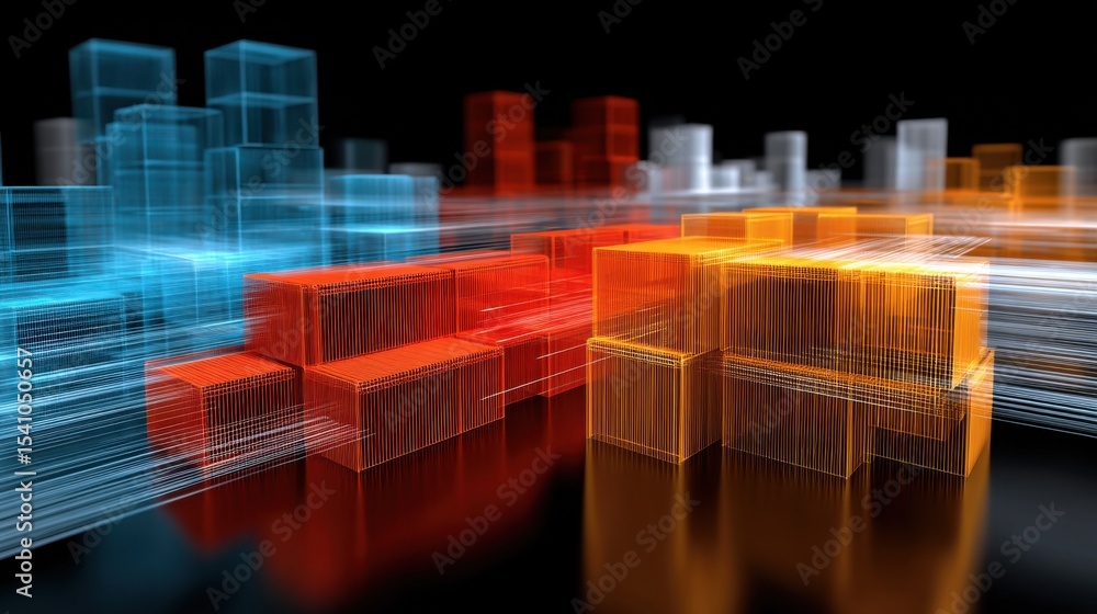 Poster Abstract Wireframe Cityscape With Glowing Blocks, Illustrating Data Flow and Technological Advancement in Urban Planning and Infrastructure : Generative AI