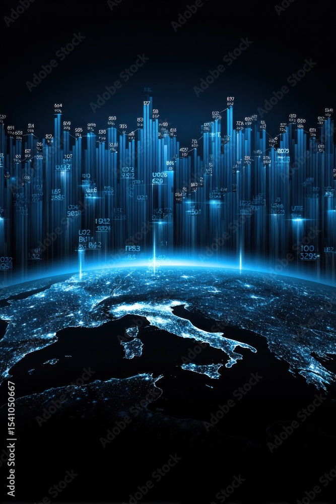 Poster global data visualization over europe at night, representing international business and digital tran