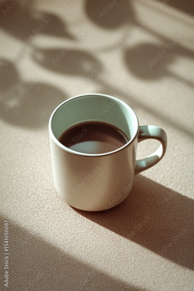 Poster coffee mug on table with leaf shadows, representing morning routine and comfort, ideal for bloggers 