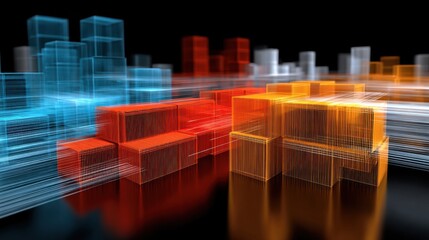 Abstract Wireframe Cityscape With Glowing Blocks, Illustrating Data Flow and Technological Advancement in Urban Planning and Infrastructure : Generative AI