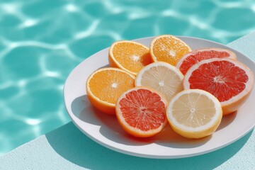 Citrus Fruit Slices on White Plate by Poolside, Representing Healthy Lifestyle and Summer Vacation : Generative AI