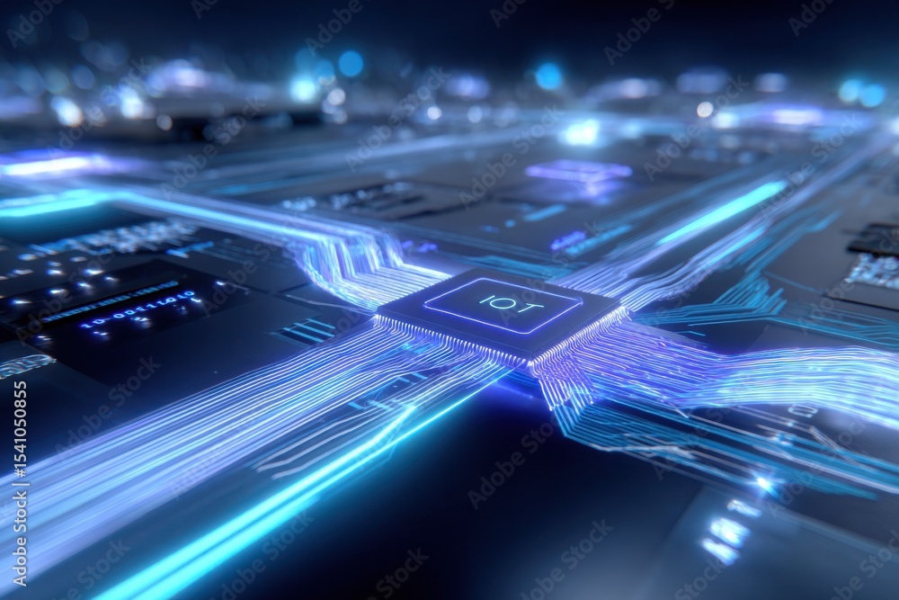 Poster Illuminated IOT Microchip With Glowing Data Streams, Representing Digital Transformation and Connectivity Solutions : Generative AI