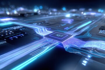 Obraz premium Illuminated IOT Microchip With Glowing Data Streams, Representing Digital Transformation and Connectivity Solutions : Generative AI