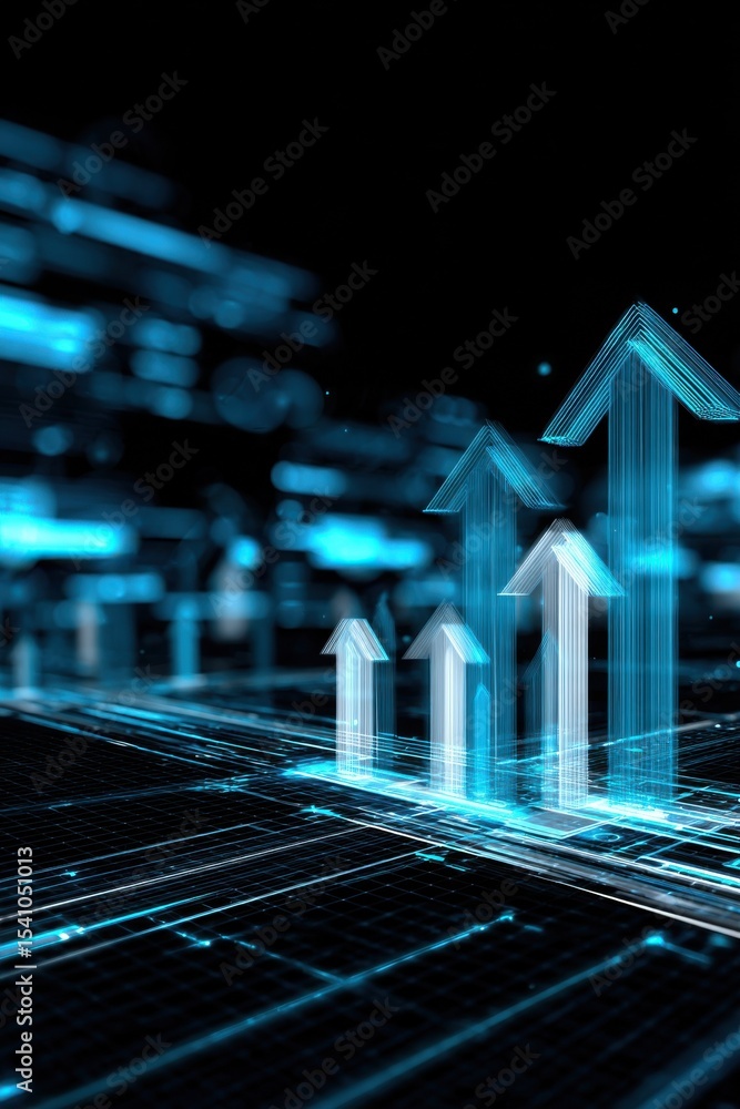 Poster abstract glowing arrows pointing upward on a dark grid, symbolizing business growth and financial su