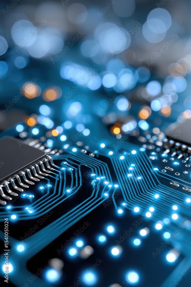 Poster glowing circuit board close-up, illustrating technology and digital transformation in a modern world