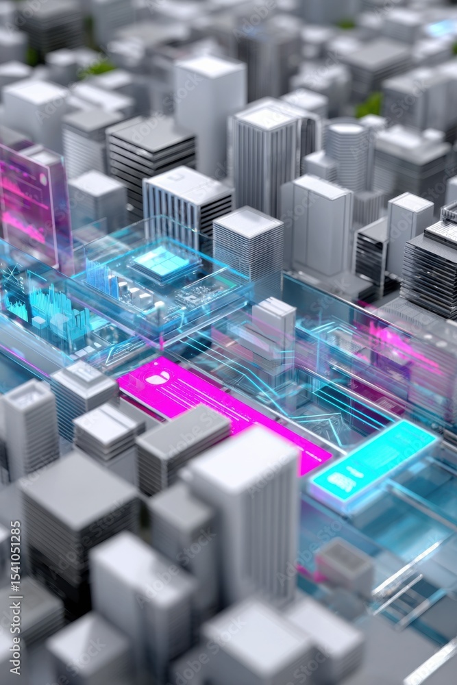 Poster Futuristic Cityscape with Glowing Data Streams, Illustrating Digital Transformation and Technological Advancement in Urban Planning and Infrastructure : Generative AI