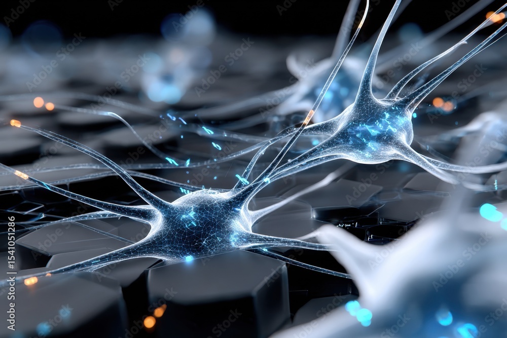 Poster detailed neuron cells with glowing axons and synapses, illustrating neural networks and scientific b