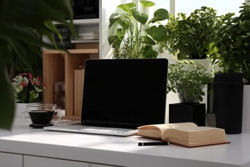 Fototapeta premium Laptop and Open Book on Desk Near Window with Plants, Illustrating Remote Work and Sustainable Lifestyle : Generative AI