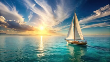 Serene Sailboat Gliding Across Calm Ocean Waters at Sunset, Under a Sky Filled with Dramatic Clouds
