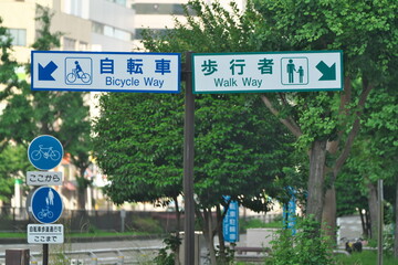 Fototapeta premium Nagoya, Japan - June 17, 2025: Bike Lane or bicycle path at Sakura-dori street in Nagoya, Japan