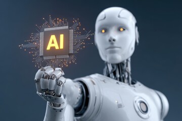 A robot is holding a computer chip with the letters AI on it