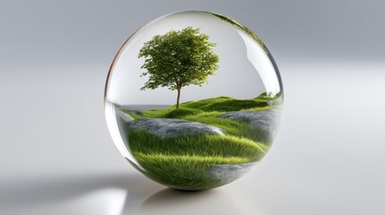 Tree Growing on Hillside Encased in Glass Orb, Symbolizing Environmental Awareness and Sustainable Future for Corporate Responsibility Campaigns : Generative AI