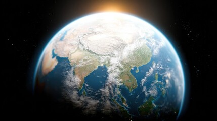 Earth From Space at Sunrise, Emphasizing Global Connection and Environmental Awareness for Sustainability Initiatives : Generative AI