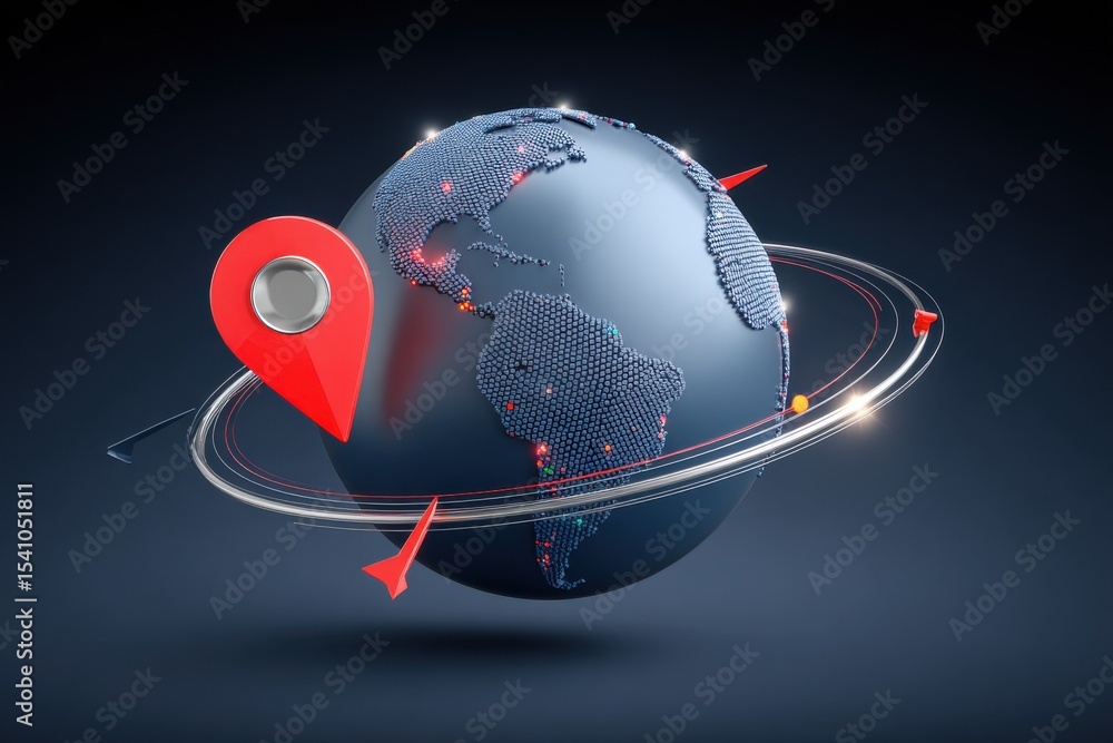Poster Global Network Concept With Red Location Pin and Orbiting Arrows, Symbolizing International Business and Worldwide Connectivity for Global Expansion : Generative AI