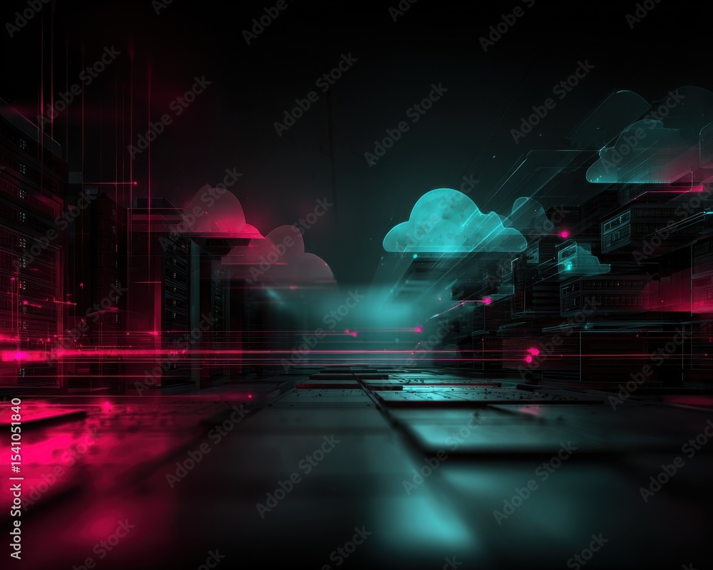 Aufkleber Futuristic Data Center With Glowing Cloud Computing Icons, Representing Digital Transformation and Technology Infrastructure Solutions : Generative AI