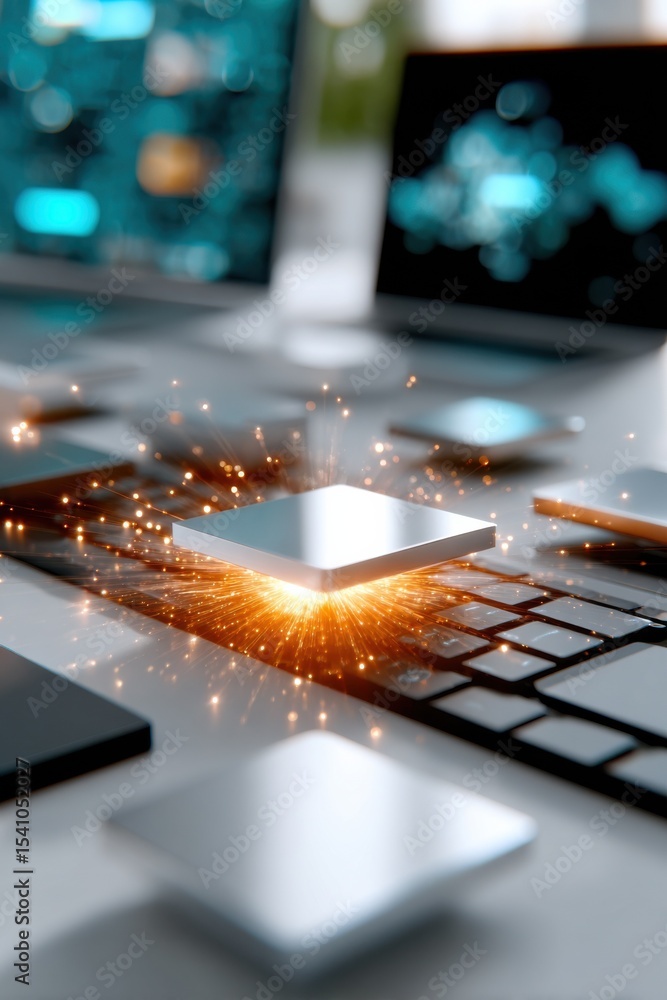Poster Illuminated Microchip on Keyboard, Showcasing Technological Advancement and Digital Transformation in Business and Innovation : Generative AI