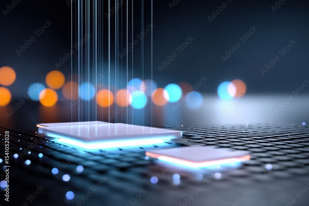 Aufkleber Glowing Microchips on a Grid with Light Streaks, Representing Innovation and Digital Transformation in Technology and Engineering : Generative AI