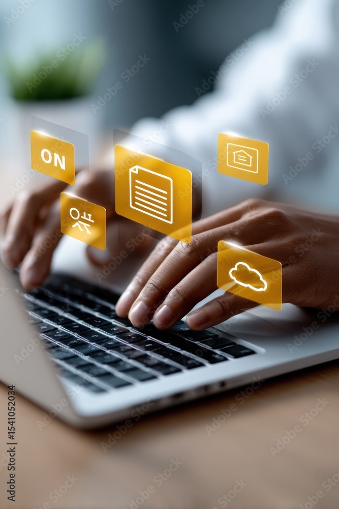 Poster hands typing on laptop with floating icons, representing digital transformation and modern technolog