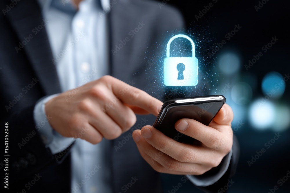 Poster Man Using Smartphone With Digital Lock Overlay, Emphasizing Cybersecurity and Data Protection for Business and E-Commerce : Generative AI