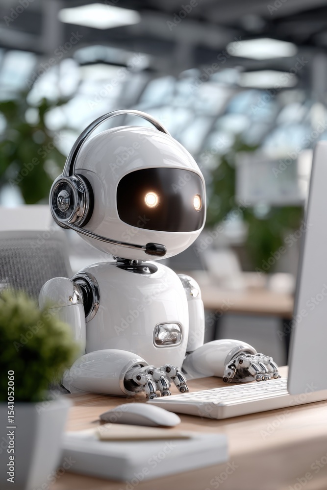 Poster Friendly Robot Working at Computer With Headset in Modern Office, Depicting Ai Customer Service and Technological Innovation : Generative AI