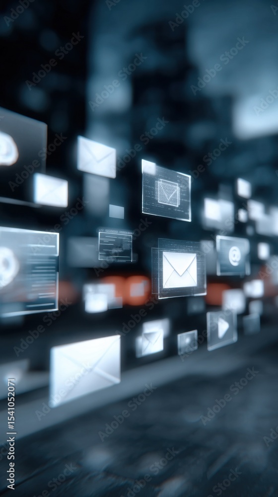 Poster floating email icons in a digital space, representing communication and online marketing strategies 