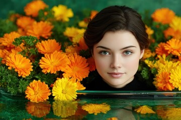 Naklejka premium Woman surrounded by flowers in water