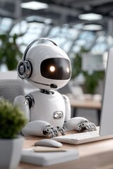 Friendly Robot Working at Computer With Headset in Modern Office, Depicting Ai Customer Service and Technological Innovation : Generative AI