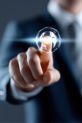 Businessman Touching Holographic Earth Globe, Representing Global Business Strategy and Digital Transformation in Technology : Generative AI