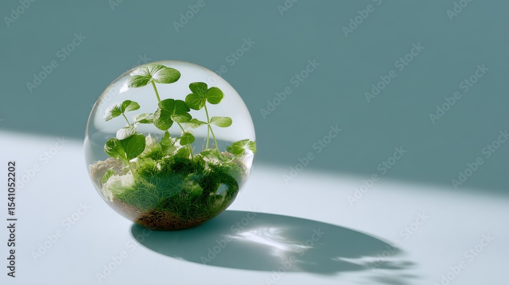 Aufkleber miniature terrarium with clover plants in glass orb, symbolizing growth and environmental awareness 