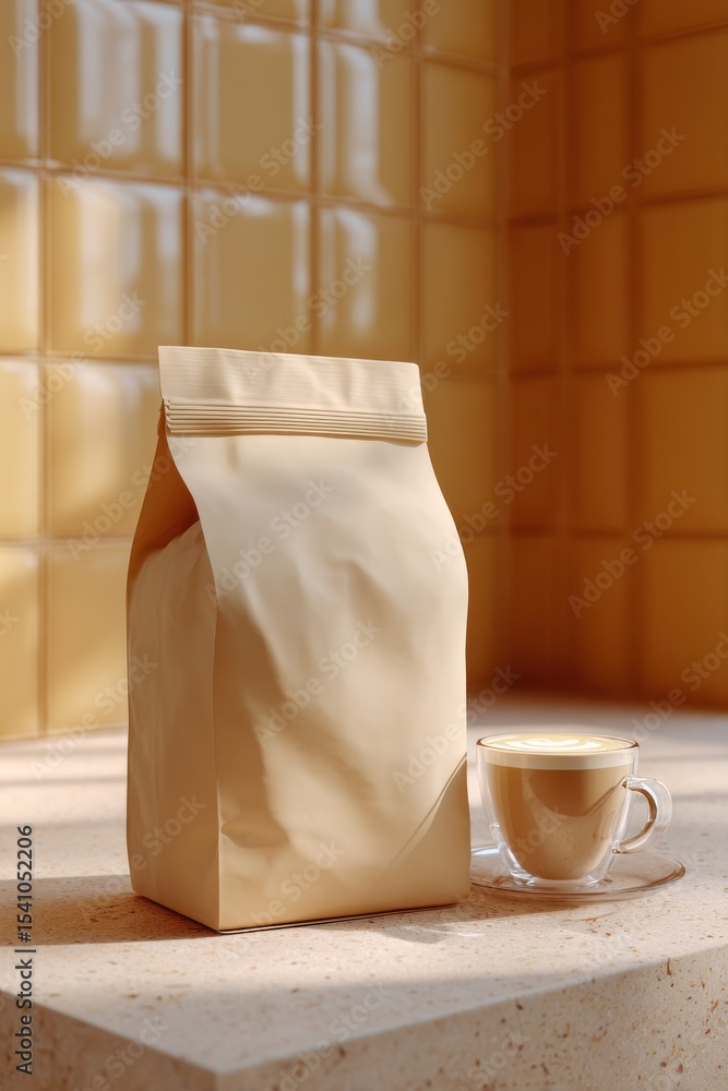 Aufkleber coffee cup and blank package on counter, suggesting morning routine and product packaging design : g