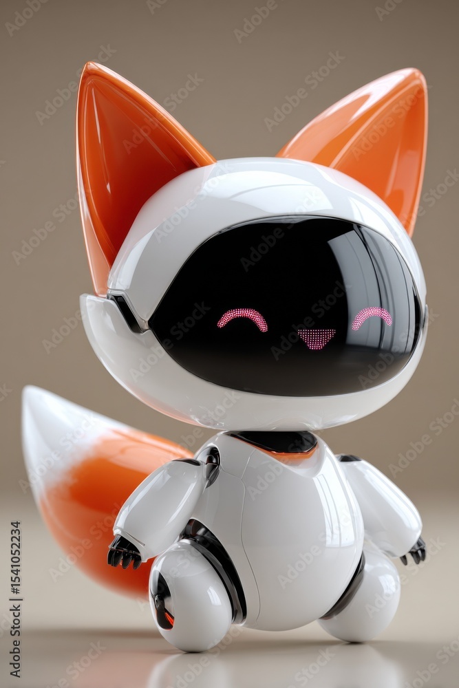 Poster cute fox-like robot character with orange accents, representing future technology and artificial int