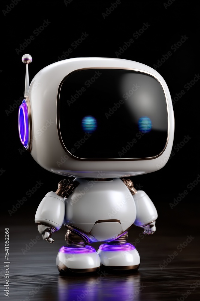 Poster Friendly White Robot With Glowing Blue Eyes on a Wooden Surface, Symbolizing Artificial Intelligence and Technological Advancement in Automation : Generative AI