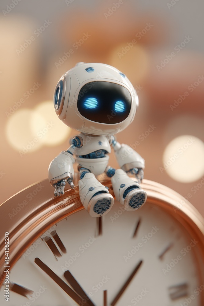 Poster Cute Robot Sitting on a Clock Face, Symbolizing Time Management and the Future of Technology in Business Automation and Efficiency : Generative AI