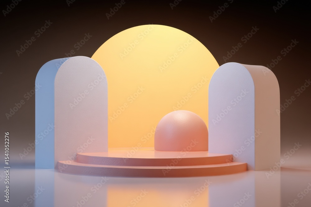 Poster geometric display podium with arches and soft lighting, ideal for product mockups and promoting bran