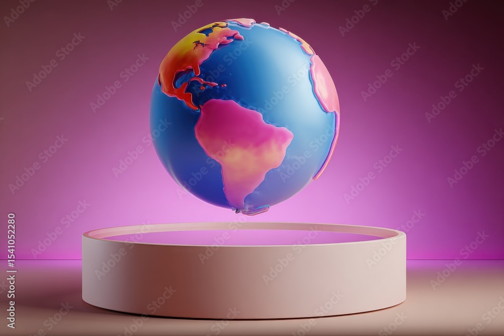 Aufkleber stylized globe hovering over a circular platform against pink gradient, symbolizing global awareness