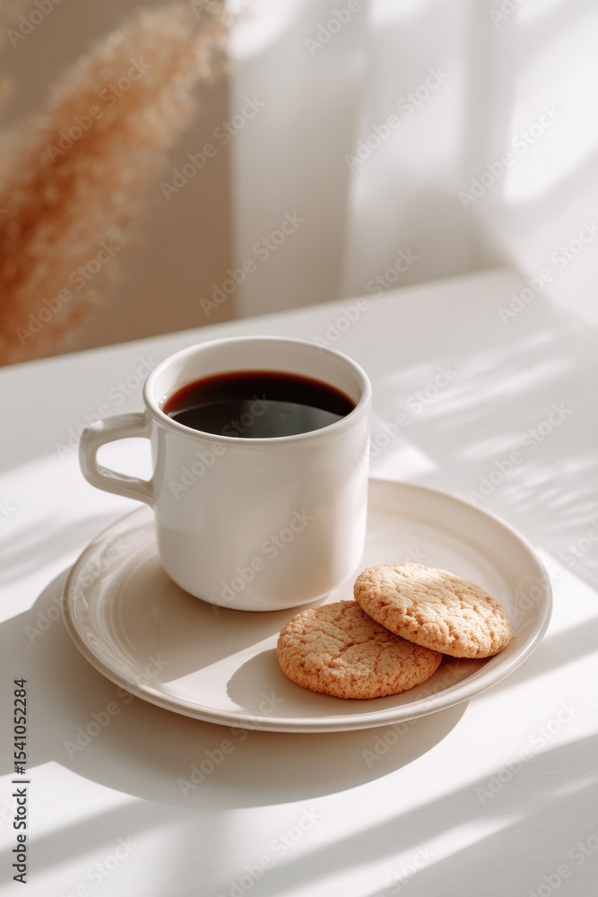 Aufkleber coffee cup and cookies on plate in bright sunlight, representing morning routine and simple pleasure