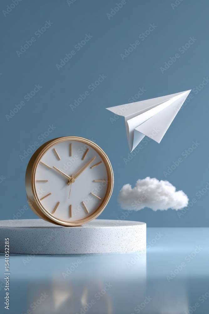 Poster clock and paper airplane on blue background, symbolizing time management and startup innovation, ide