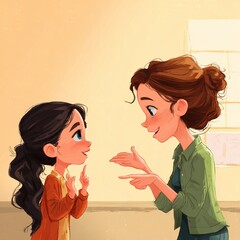 A mother and daughter sharing a heartwarming moment, engaged in a conversation. The image captures a sense of connection, support, and love. The scene shows a mother and daughter in a room setting. 