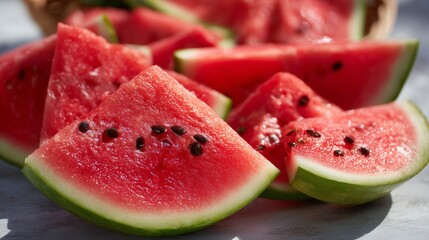 Ripe watermelon slices showing seeds vibrant pink and green colors. AI generated