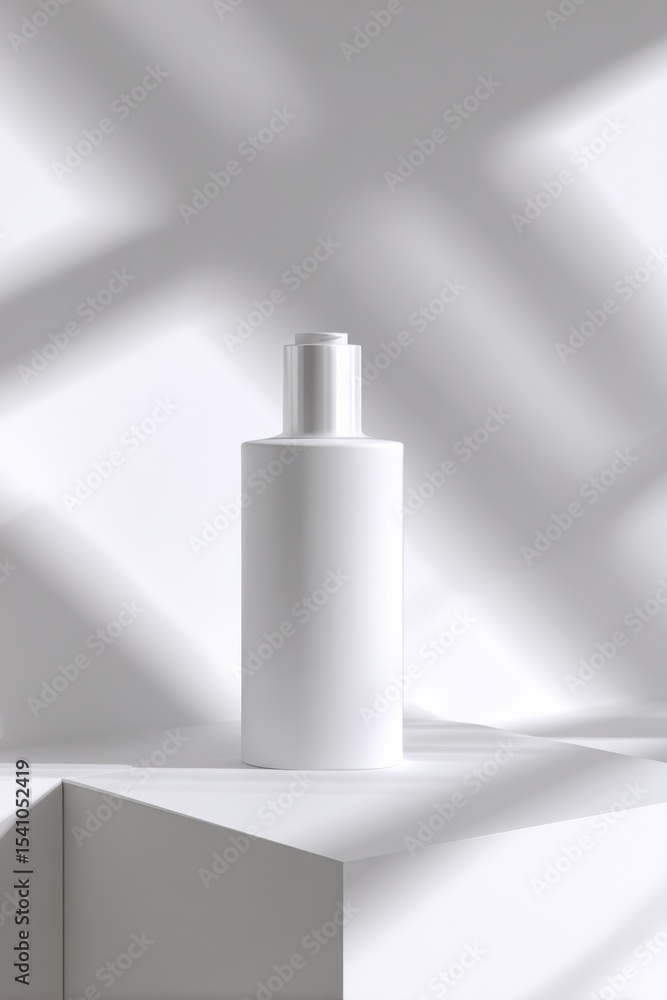Poster minimalist white bottle on geometric platform with window shadows, representing clean beauty and pro