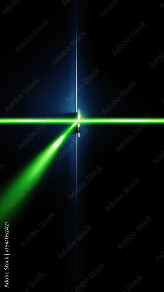 Poster green laser beam passing through prism in dark room, illustrating precision and scientific discovery